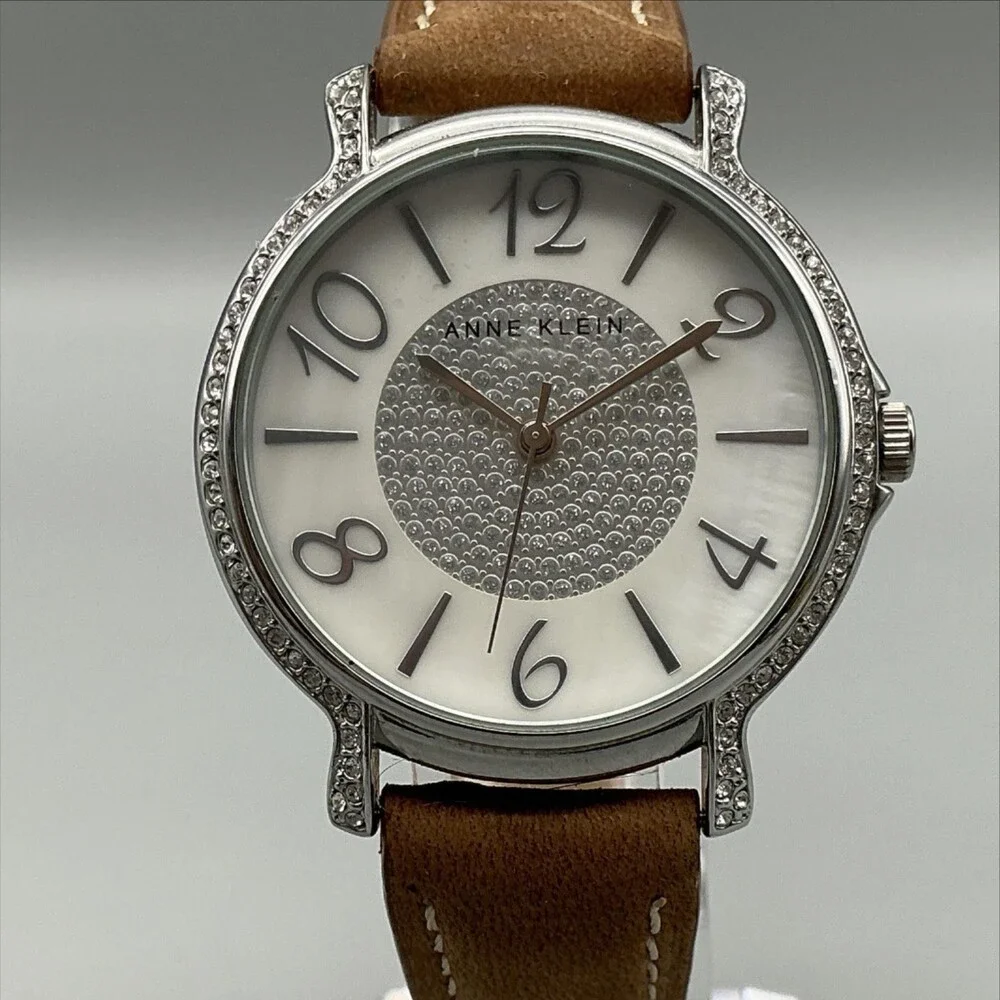 Anne Klein Womens Watch 37mm MOP Dial Brown Leather Crystals New Battery